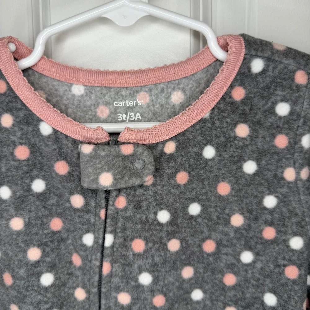 Carters Gray Pink White Polka Dot Fleece Footie Pajamas Sleepsuit Kids Size‎ 3T